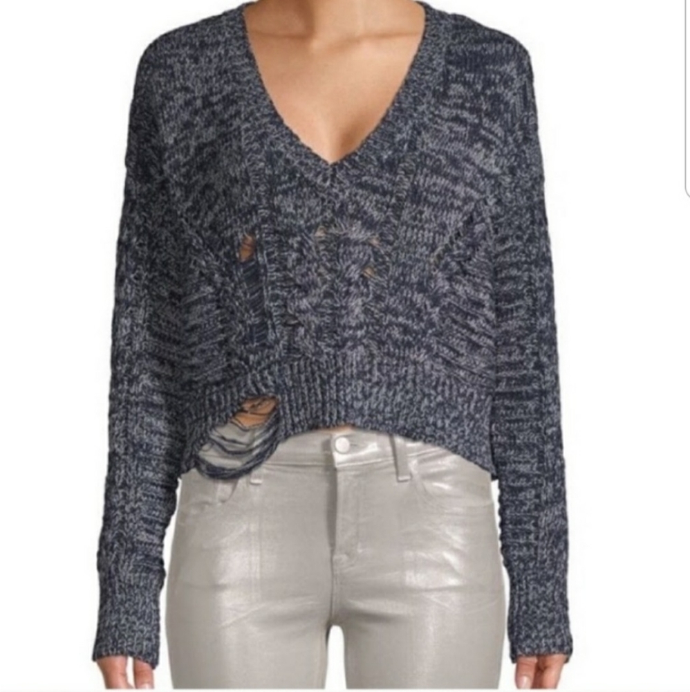 Wildfox Nancy Blue Distressed Knit Sweater Cropped NWT Size Medium